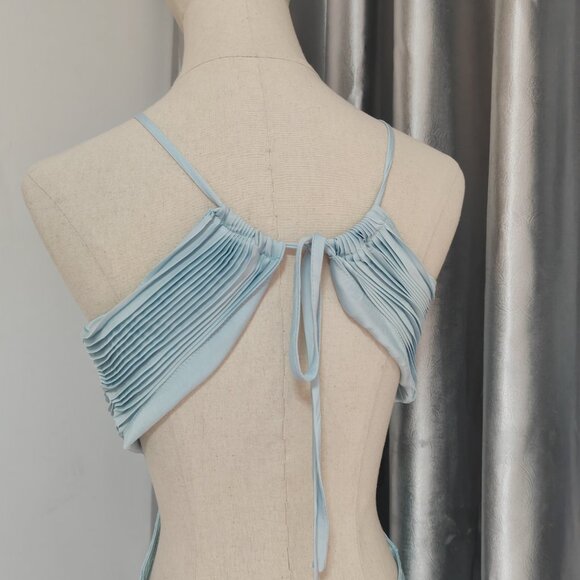 A.L.C. Moira Matte Women's Blue Polyester Fully Lined Halter Neck Pleated Cut-Ou - Picture 5 of 12